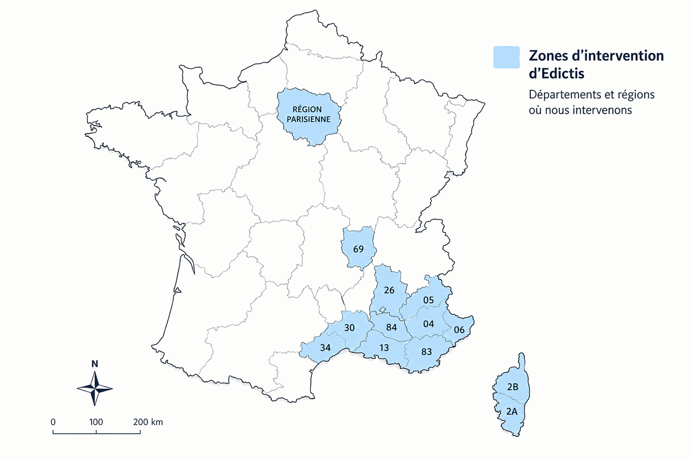 Carte des zones d'intervention d'EDICTIS : région Sud (Bouches-du-Rhône 13, Var 83, Vaucluse 84, Alpes-de-Haute-Provence 04, Hautes-Alpes 05, Alpes-Maritimes 06), Occitanie (Gard 30, Hérault 34), Corse (2A et 2B), région lyonnaise (Rhône 69, Drôme 26) et Paris et sa région.