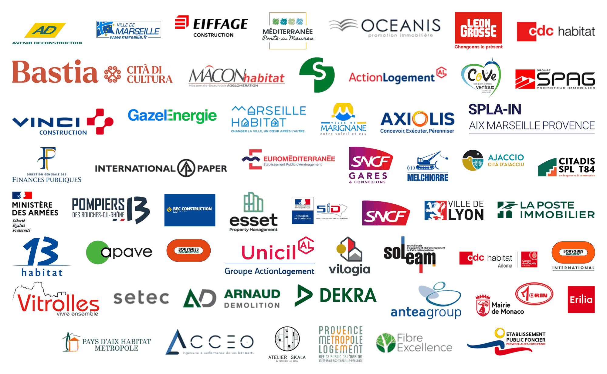 Logos des clients et partenaires d'EDICTIS : Bouygues, SNCF, Vinci, Eiffage, Ville de Marseille, CDC Habitat, 13 Habitat, Unicil, Ministère des Armées, et bien d'autres.
